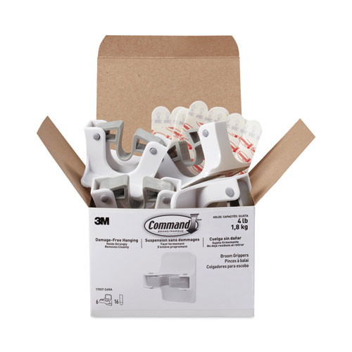Command™ Broom Gripper, 3.12W X 1.85D X 3.34H, White/Gray, 6 Grippers/16 Strips/Pack