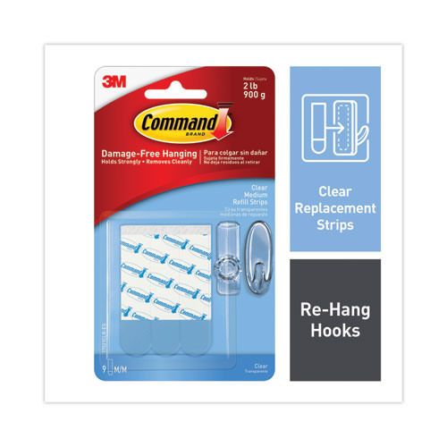 Command™ Refill Strips, Removable, Holds Up to 2 lbs, 0.63 x 1.75, Clear, 9/Pack