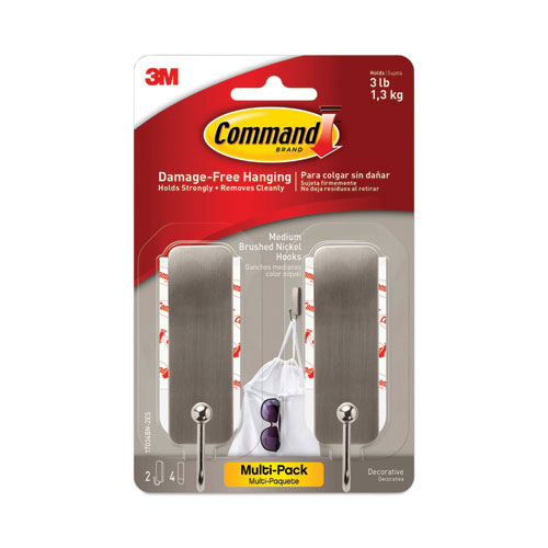 Image of Command™ Decorative Hooks, Medium, Metal, Brushed Nickel, 3 Lb Capacity, 2 Hooks And 4 Strips/Pack