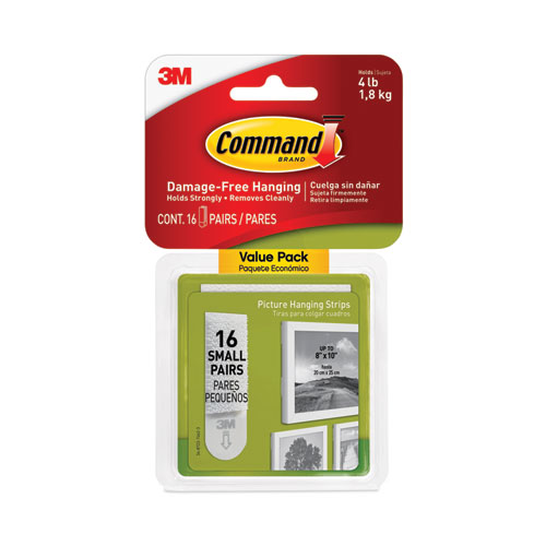 Command™ Picture Hanging Strips, Value Pack, Small, Removable, Holds Up To 4 Lbs, 0.63 X 1.81, White, 16 Pairs/Pack