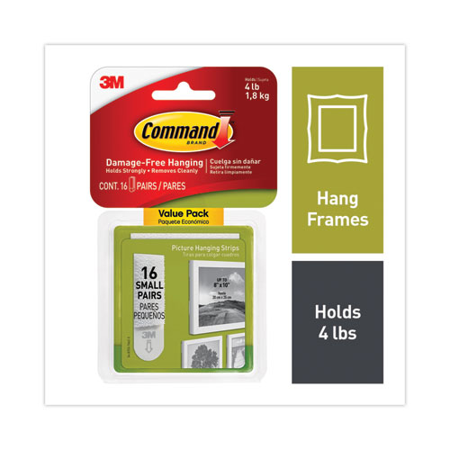 Image of Picture Hanging Strips, Value Pack, Small, Removable, Holds Up to 4 lbs, 0.63 x 1.81, White, 16 Pairs/Pack