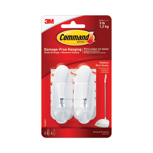 Image of Command™ General Purpose Wire Hooks, Medium, Metal, White, 3 Lb Capacity, 2 Hooks And 4 Strips/Pack