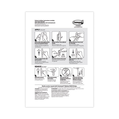 General Purpose Wire Hooks, Medium, Metal, White, 3 lb Capacity, 2 Hooks and 4 Strips/Pack