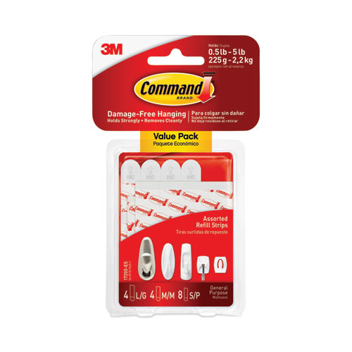 Command™ Assorted Refill Strips, Removable, (8) Small 0.75 x 1.75, (4) Medium 0.75 x 2.75, (4) Large 0.75 x 3.75, White, 16/Pack
