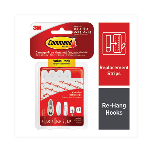Assorted Refill Strips, Removable, (8) Small 0.75 x 1.75, (4) Medium 0.75 x 2.75, (4) Large 0.75 x 3.75, White, 16/Pack MMM17200