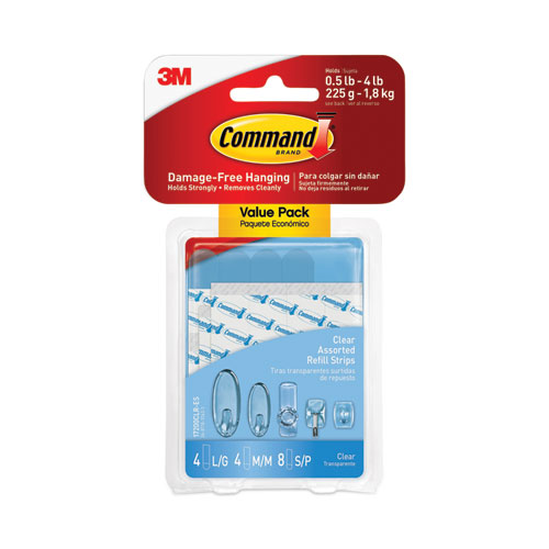 Image of Command™ Assorted Refill Strips, Removable, (8) Small 0.75 X 1.75, (4) Medium 0.75 X 2.75, (4) Large 0.75 X 3.75, Clear, 16/Pack
