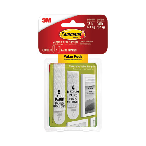 Command™ Picture Hanging Strips, Value Pack, Removable, (8) Large 0.63 x 3.63 Pairs, (4) Medium 0.5 x 2.75 Pairs, White