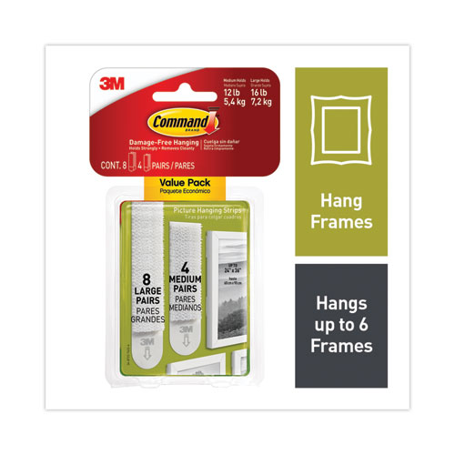 Image of Command™ Picture Hanging Strips, Value Pack, Removable, (8) Large 0.63 X 3.63 Pairs, (4) Medium 0.5 X 2.75 Pairs, White