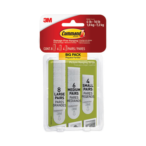 Command™ Picture Hanging Strips Big Pack, Removable, (4) Small, (6) Medium, (8) Large, White, 18 Pairs/Pack