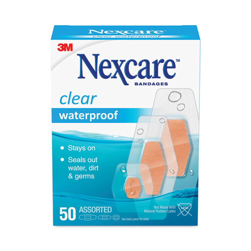 Image of 3M Nexcare™ Waterproof, Clear Bandages, Assorted Sizes, 50/Box