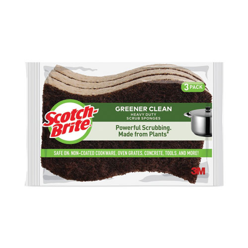 Scotch-Brite® Greener Clean Heavy-Duty Scrub Sponge, 4.5 x 2.7, 0.6" Thick, Light Brown, 3/Pack