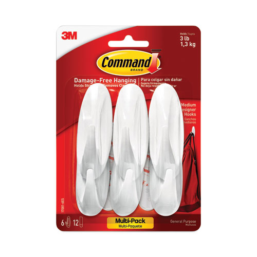 Image of Command™ Designer Hooks, Medium, Plastic, White, 3 Lb Capacity, 6 Hooks And 12 Strips/Pack