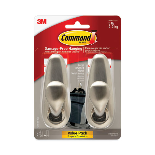 Image of Command™ Adhesive Mount Metal Hook, Large, Brushed Nickel Finish, 5 Lb Capacity, 2 Hooks And 4 Strips/Pack