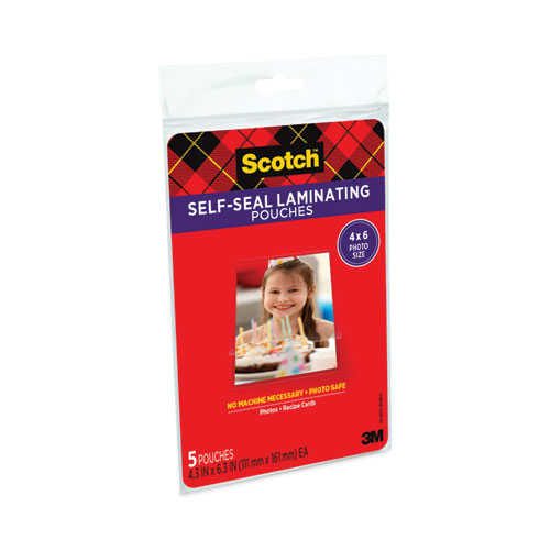Image of Scotch™ Self-Sealing Laminating Pouches, 9.5 Mil, 4.38" X 6.38", Gloss Clear, 5/Pack
