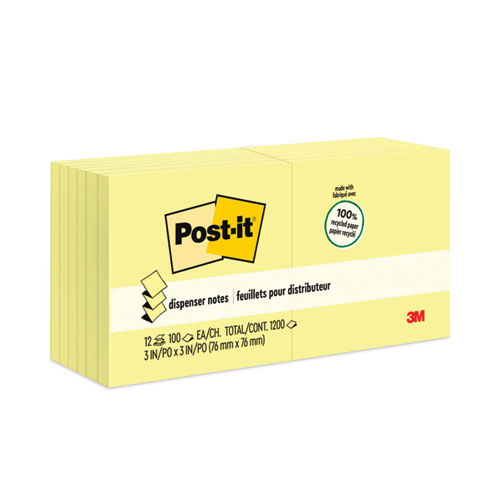 Original Recycled Pop-up Notes, 3" x 3", Canary Yellow, 100 Sheets/Pad, 12 Pads/Pack