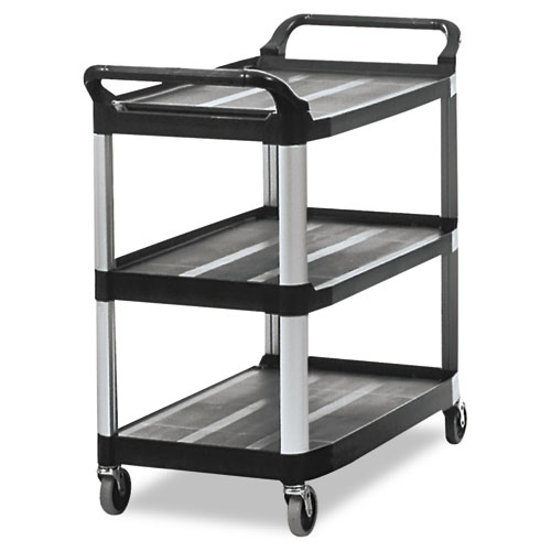 Image of Rubbermaid® Commercial Xtra Utility Cart With Open Sides, Plastic, 3 Shelves, 300 Lb Capacity, 40.63" X 20" X 37.81", Black