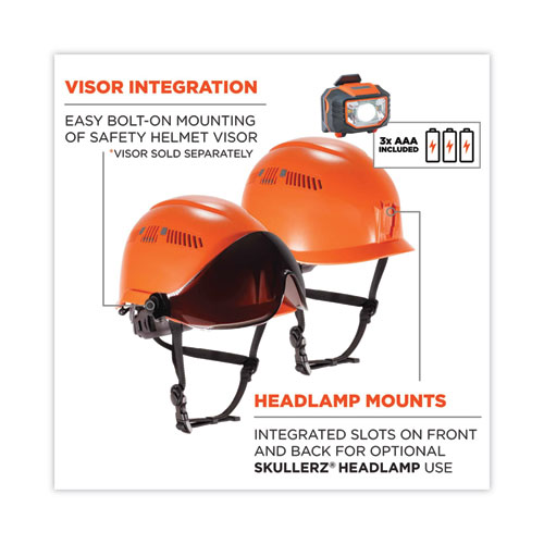 Skullerz 8975LED Class C Safety Helmet w/8981 Universal LED Headlamp, 6-Pt Ratchet Susp, Orange, Ships in 1-3 Business Days