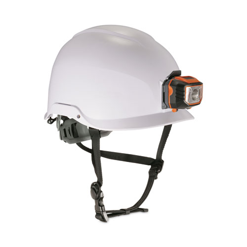 ergodyne® Skullerz 8974LED Class E Safety Helmet w/8981 Universal LED Headlamp, 6-Pt Ratchet Susp, White, Ships in 1-3 Business Days