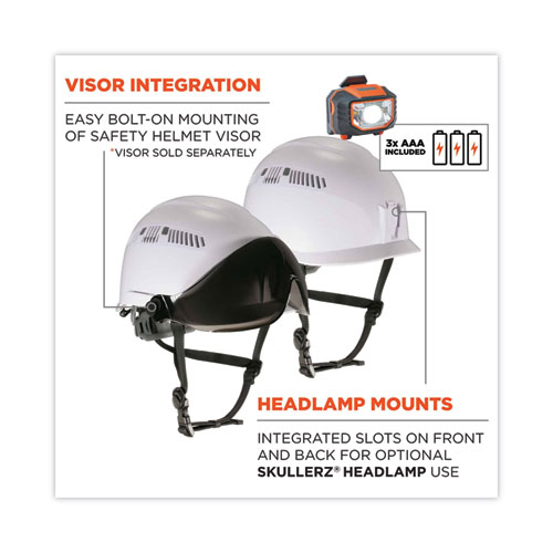 Skullerz 8975LED Class C Safety Helmet w/8981 Universal LED Headlamp, 6-Pt Ratchet Susp, White, Ships in 1-3 Business Days