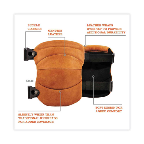 Image of Ergodyne® Proflex 230Ltr Leather Knee Pads, Wide Soft Cap, Buckle Closure, One Size Fits Most, Brown, Pair, Ships In 1-3 Business Days