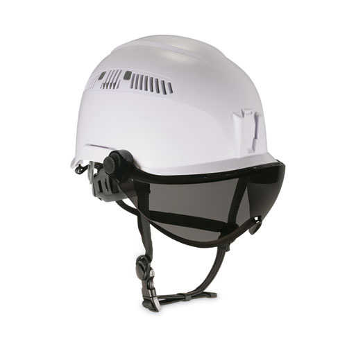 Ergodyne® Skullerz 8975V Class C Safety Helmet W/8991 Visor Kit, Smoke Lens, 6-Pt Ratchet Suspension, White, Ships In 1-3 Business Days