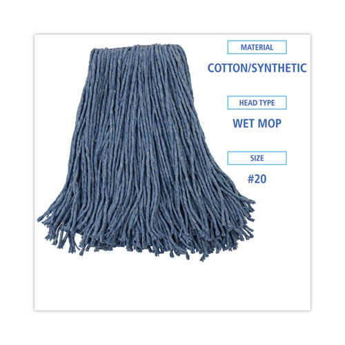 Image of Boardwalk® Mop Head, Standard Head, Cotton/Synthetic Fiber, Cut-End, #20, Blue, 12/Carton