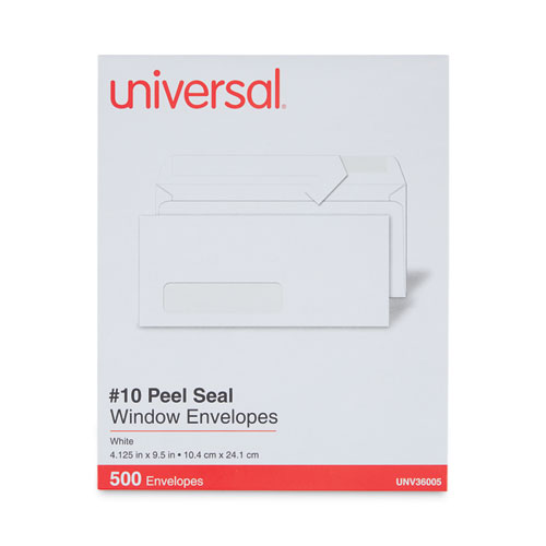 Image of Universal® Peel Seal Strip Business Envelope, Address Window, #10, Square Flap, Self-Adhesive Closure, 4.13 X 9.5, White, 500/Box