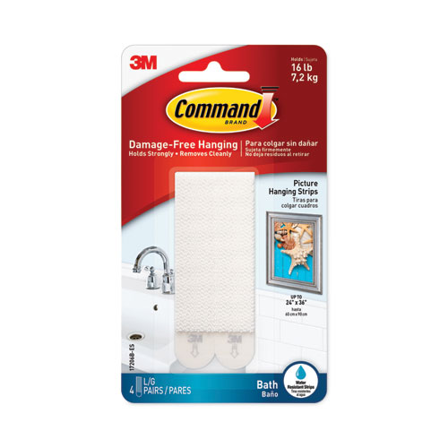 Image of Command™ Bath Picture Hanging Strips, Large, Removable, Holds Up To 4 Lbs Per Pair, 0.75 X 3.65, White, 4 Pairs/Pack