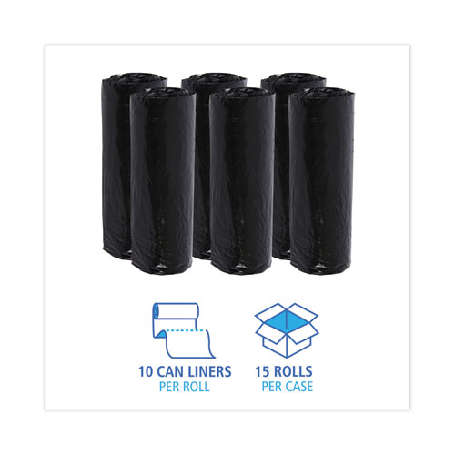 Low-Density Waste Can Liners, 16 gal, 1 mil, 24 x 32, Black, 10 Bags/Roll, 15 Rolls/Carton