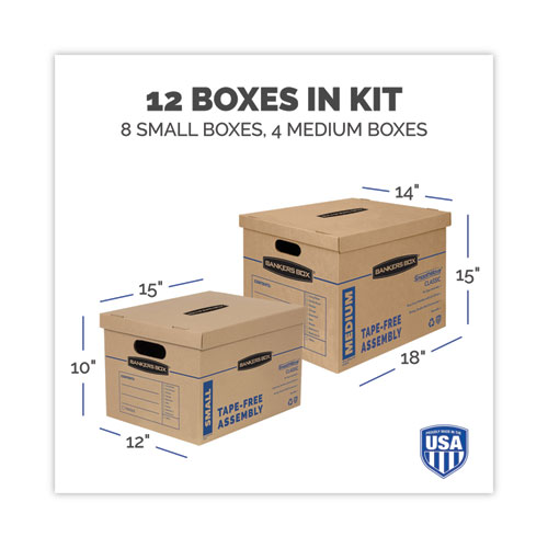 SmoothMove Classic Moving/Storage Box Kit, Half Slotted Container (HSC), Assorted Sizes: (8) Small, (4) Med, Brown/Blue,12/CT