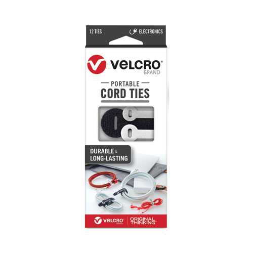 Image of Velcro® Brand Portable Cord Ties, (4) 3" X 0.25"/ (4) 5" X 0.38"/ (4) 7" X 0.5", Black/Gray/White, 12/Pack