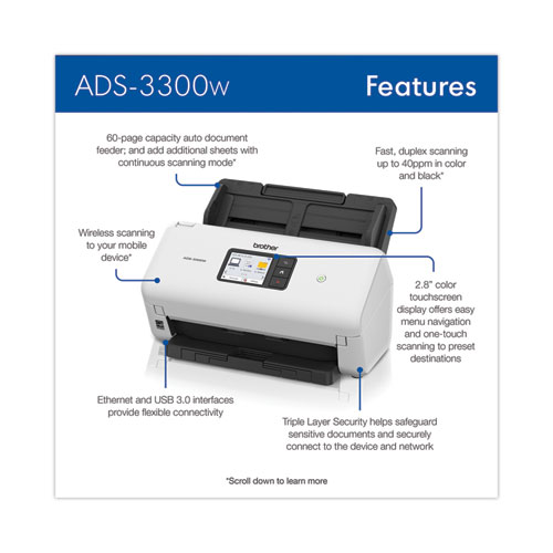 ADS-3300W High-Speed Desktop Scanner, 600 dpi Optical Resolution, 60-sheet ADF