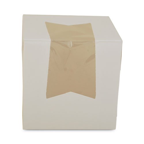 White Window Bakery Boxes with Attached Flip Top, 4-Corner Beers Design, 4.5 x 4.5 x 4.5, White, Paper, 200/Carton