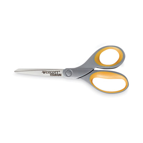 Image of Westcott® Titanium Bonded Scissors, 8" Long, 3.5" Cut Length, Gray/Yellow Straight Handle, 3/Box
