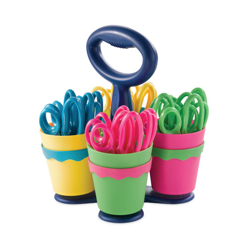 Scissor Caddy with Kids' Scissors, 5" Long, 2" Cut Length, Light Blue; Light Green; Pink; Red, Straight Handles, 24/Set