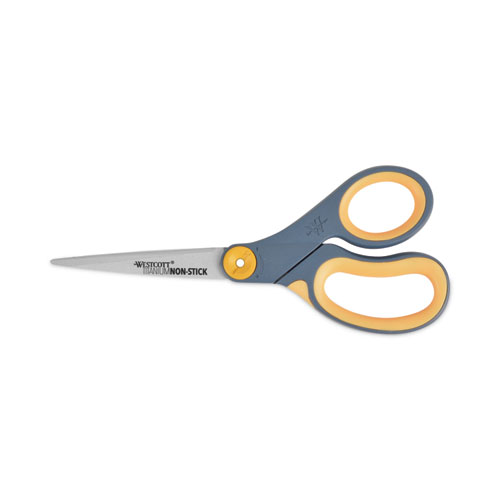 Westcott® Non-Stick Titanium Bonded Scissors, 7" Long, 3" Cut Length, Gray/Yellow Straight Handle