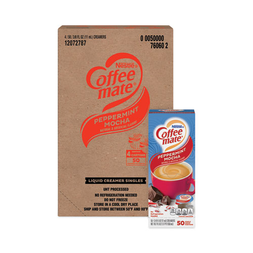 Image of Coffee Mate® Liquid Coffee Creamer, Peppermint Mocha, 0.38 Oz Mini Cups, 50/Box, 4 Boxes/Carton, 200 Total/Carton