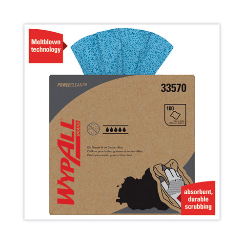 Image of Wypall® Power Clean Oil, Grease And Ink Cloths, Pop-Up Box, 8.8 X 16.8, Blue, 100/Box, 5/Carton