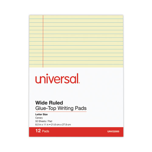Image of Universal® Glue Top Pads, Wide/Legal Rule, 50 Canary-Yellow 8.5 X 11 Sheets, Dozen