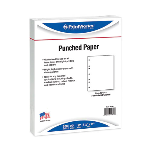 Perforated and Punched Paper, 7-Hole Punched, 20 lb Bond Weight, 8.5 x 11, White, 500/Ream