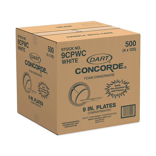 Image of Dart® Concorde Non-Laminated Foam Plate, 3-Compartment, 9" Dia, 125/Pack, 4 Packs/Carton