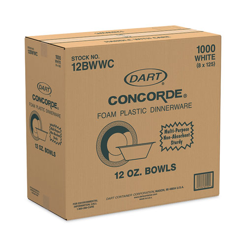 Image of Dart® Concorde Non-Laminated Foam Bowl, 12 Oz, White, 125/Pack, 8 Packs/Carton