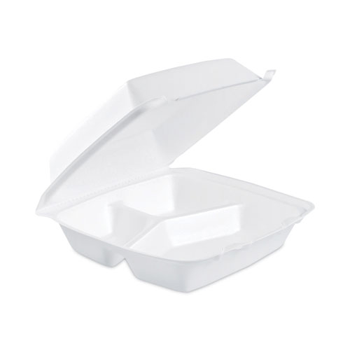 Image of Dart® Insulated Foam Hinged Lid Containers, 3-Compartment. 7.9 X 8.4 X 3.3, White, 200/Carton
