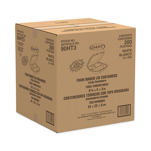 Image of Dart® Insulated Foam Hinged Lid Containers, 3-Compartment, 9 X 9.4 X 3, White, 200/Pack, 2 Packs/Carton