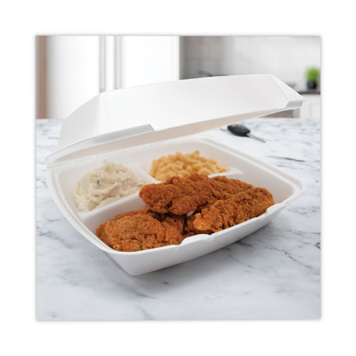 Image of Dart® Insulated Foam Hinged Lid Containers, 3-Compartment. 7.9 X 8.4 X 3.3, White, 200/Carton