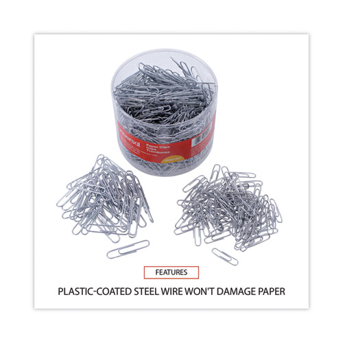 Image of Universal® Plastic-Coated Paper Clips With One-Compartment Storage Tub, (750) #1 (1.3"), (250) Jumbo (2"), Silver