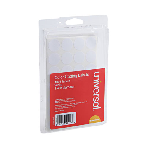 Image of Universal® Self-Adhesive Removable Color-Coding Labels, 0.75" Dia, White, 28/Sheet, 36 Sheets/Pack