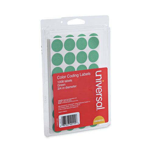 Image of Universal® Self-Adhesive Removable Color-Coding Labels, 0.75" Dia, Green, 28/Sheet, 36 Sheets/Pack