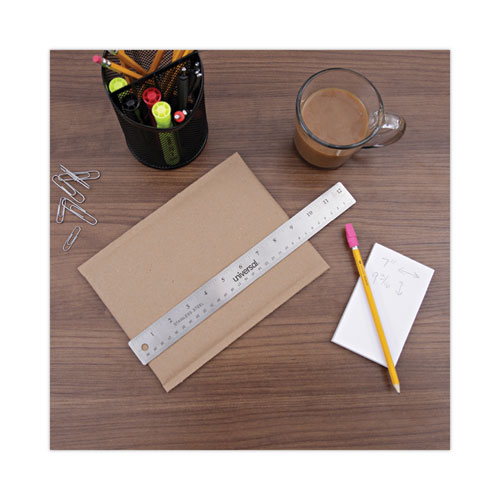 Image of Universal® Stainless Steel Ruler With Cork Back And Hanging Hole, Standard/Metric, 12" Long