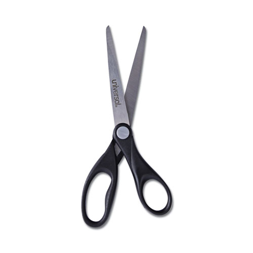 Image of Universal® Stainless Steel Office Scissors, Pointed Tip, 7" Long, 3" Cut Length, Black Straight Handle